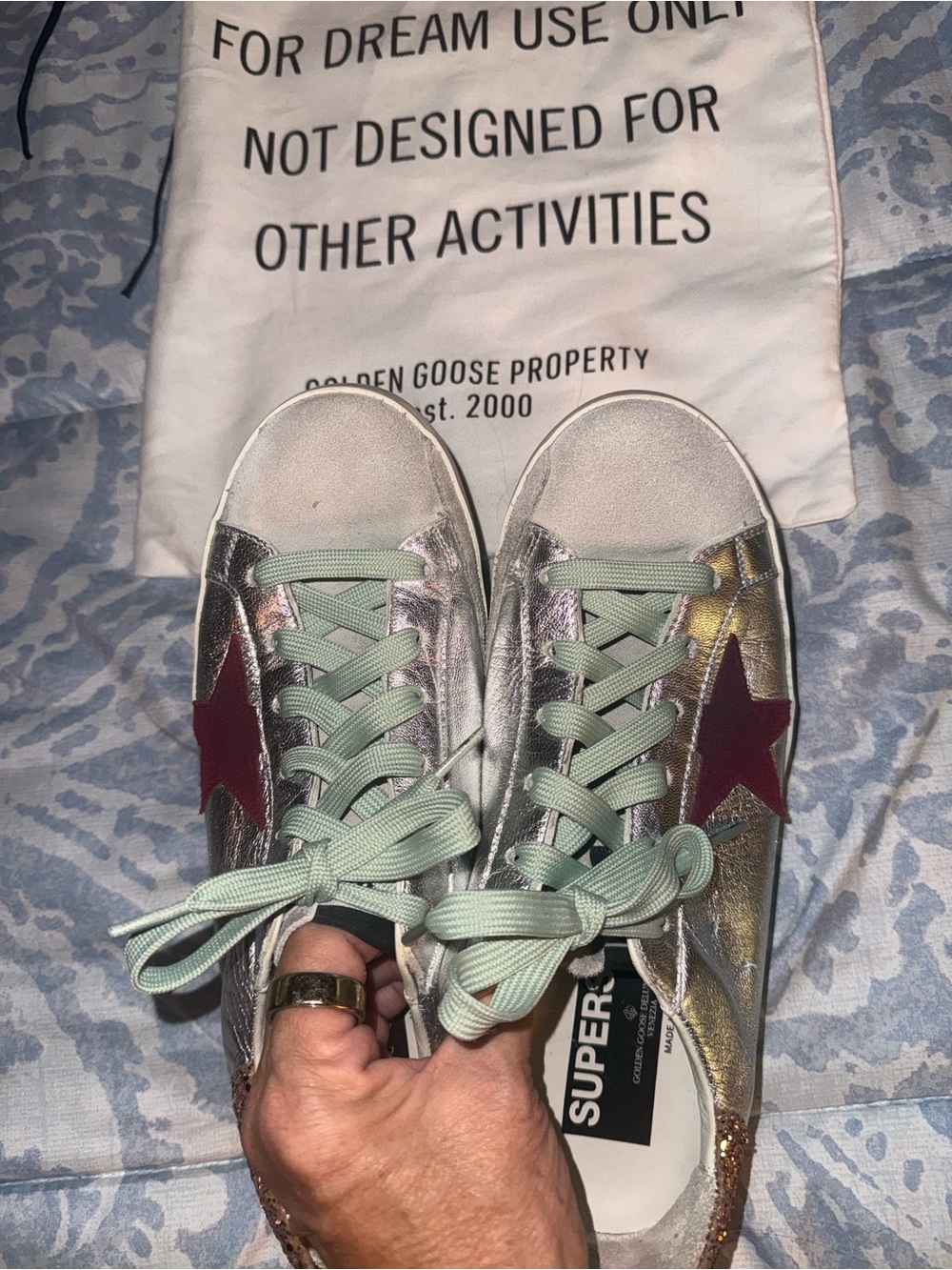 Golden Goose Silver Metallic Sneakers with Burgundy Star and Mint Laces